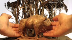 European bison (paper) in forest protected by hands