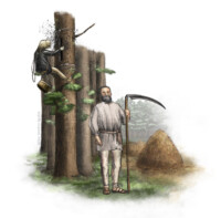 Beekeeper up on a tree and peasant with a scythe, with hay stacks in the back