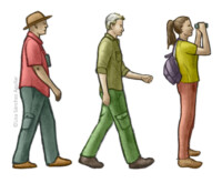 Three people, two walking and one watching