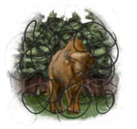 European bison in forest with chaotic lines