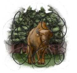 European bison in forest with chaotic lines