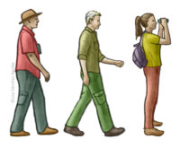 Three people, two walking and one watching